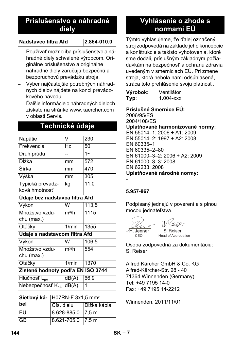 Príslušenstvo a náhradné diely, Technické údaje, Vyhlásenie o zhode s normami eú | Karcher AB 20 User Manual | Page 144 / 204