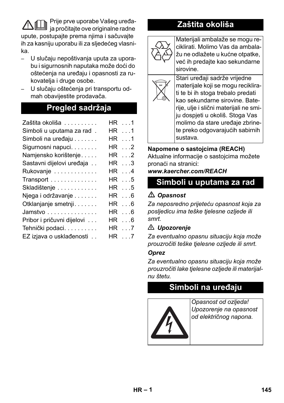 Hrvatski, Pregled sadržaja, Zaštita okoliša | Simboli u uputama za rad simboli na uređaju | Karcher AB 20 User Manual | Page 145 / 204