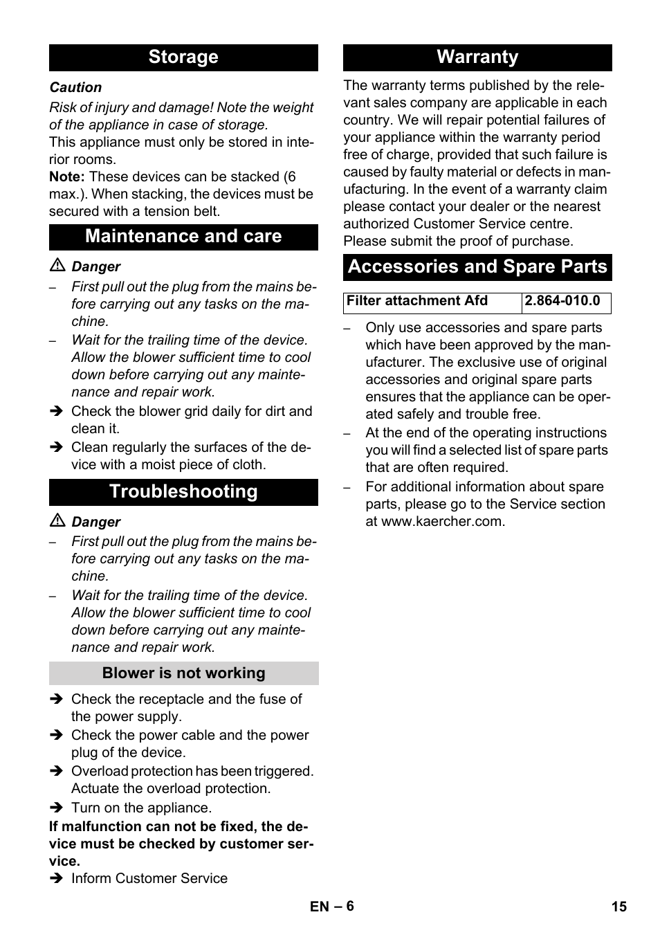 Storage maintenance and care troubleshooting, Warranty accessories and spare parts | Karcher AB 20 User Manual | Page 15 / 204