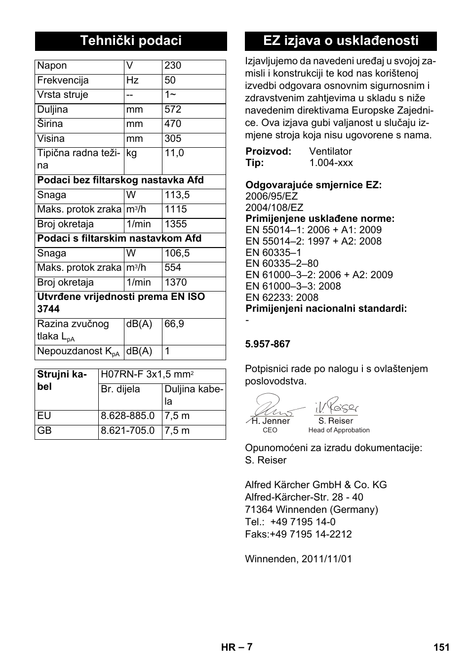 Tehnički podaci, Ez izjava o usklađenosti | Karcher AB 20 User Manual | Page 151 / 204