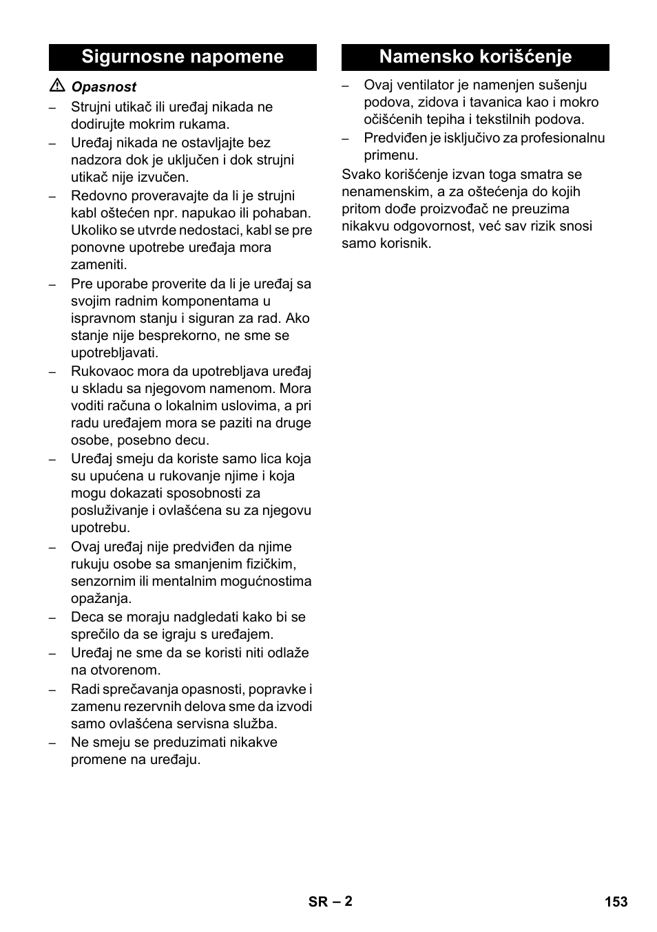 Sigurnosne napomene namensko korišćenje | Karcher AB 20 User Manual | Page 153 / 204