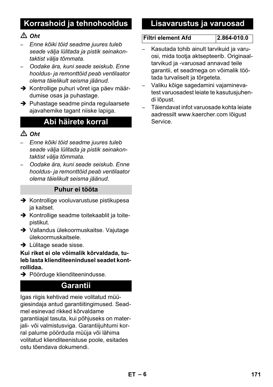 Korrashoid ja tehnohooldus abi häirete korral, Garantii lisavarustus ja varuosad | Karcher AB 20 User Manual | Page 171 / 204