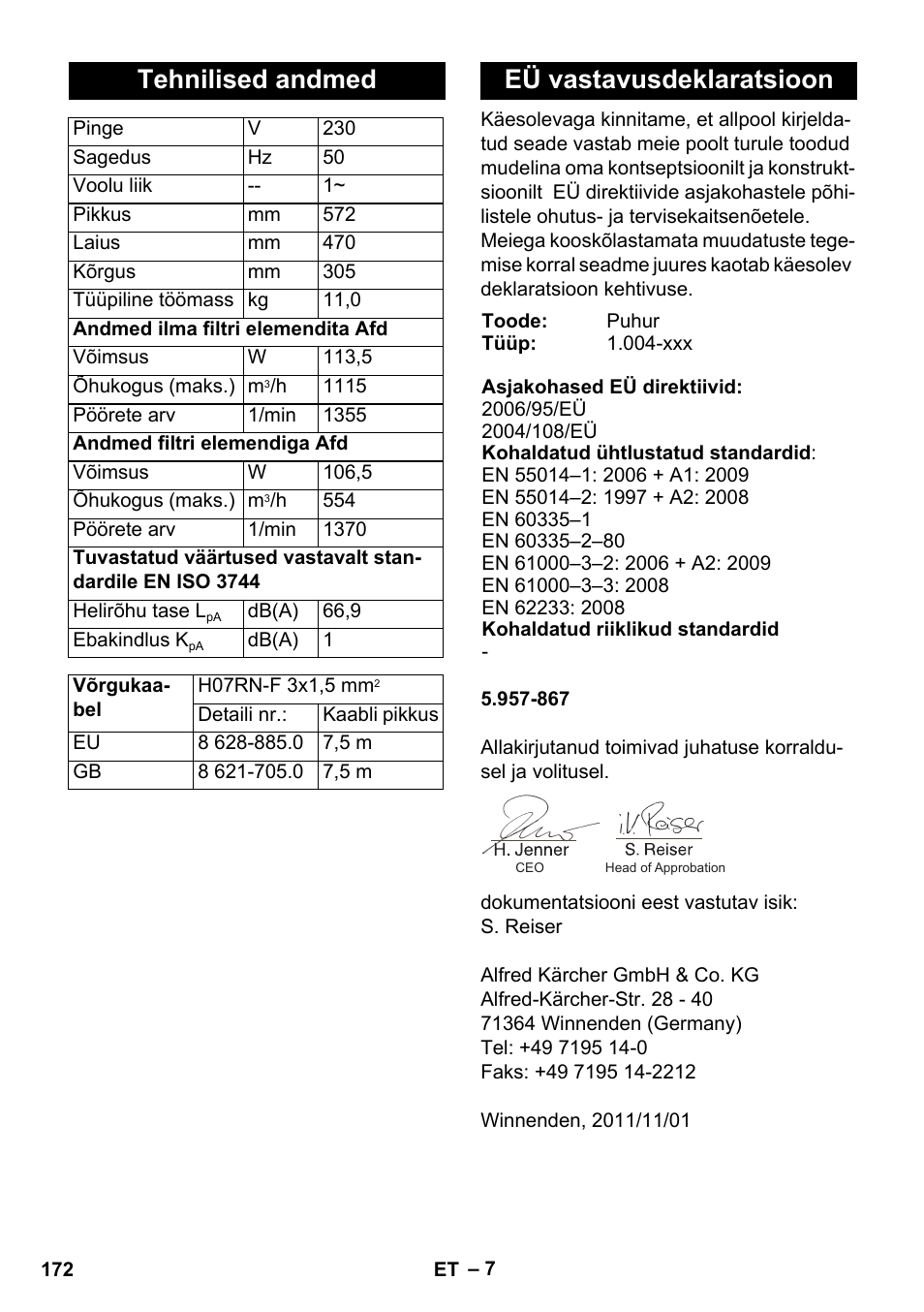 Tehnilised andmed, Eü vastavusdeklaratsioon | Karcher AB 20 User Manual | Page 172 / 204