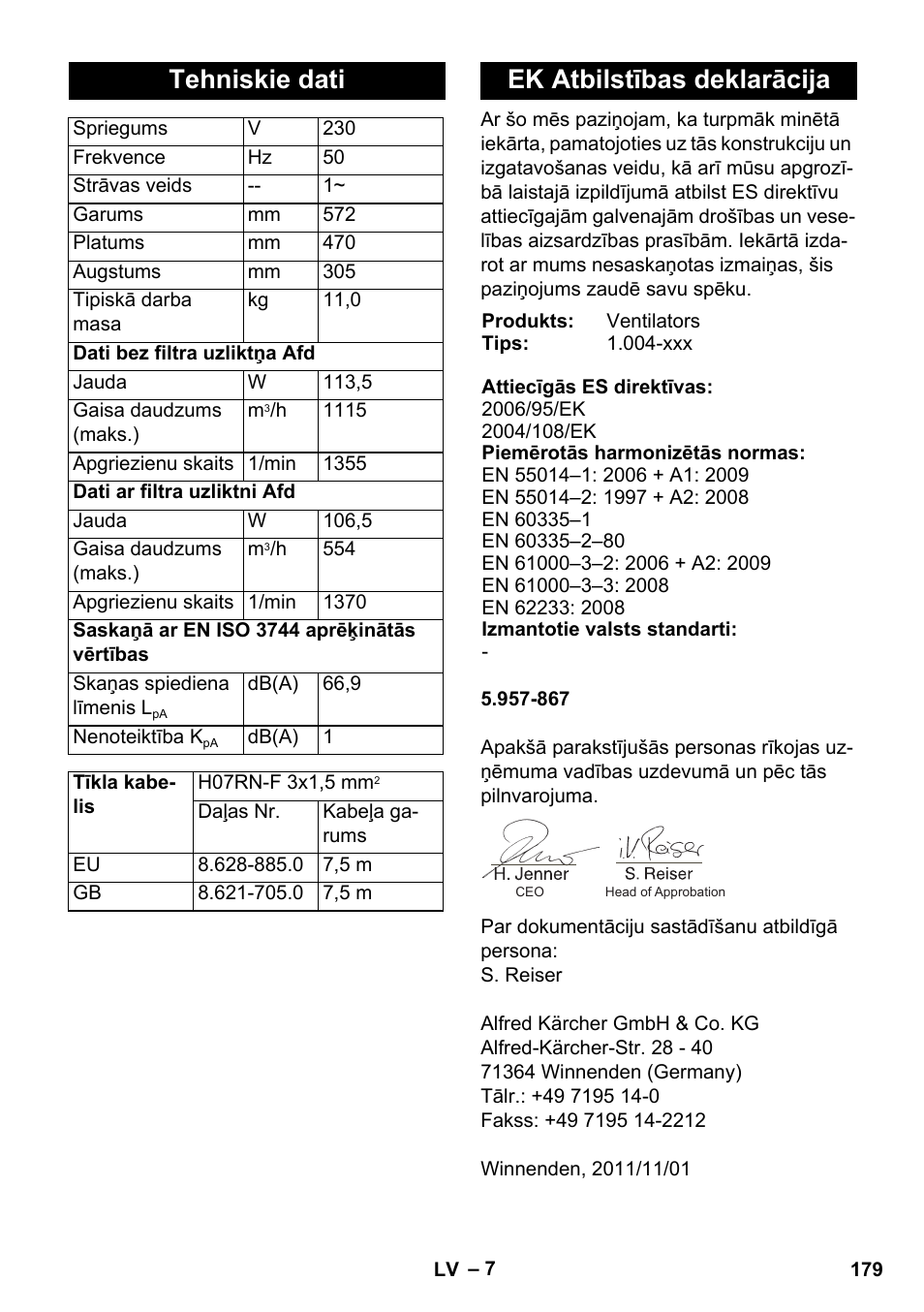 Tehniskie dati, Ek atbilstības deklarācija | Karcher AB 20 User Manual | Page 179 / 204