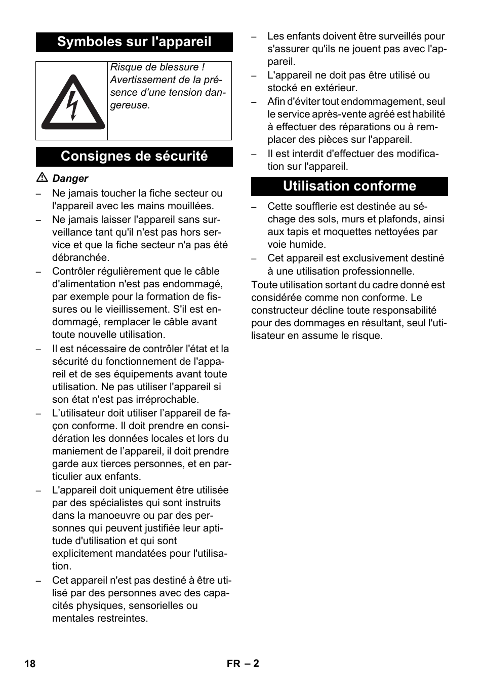 Symboles sur l'appareil, Consignes de sécurité utilisation conforme | Karcher AB 20 User Manual | Page 18 / 204