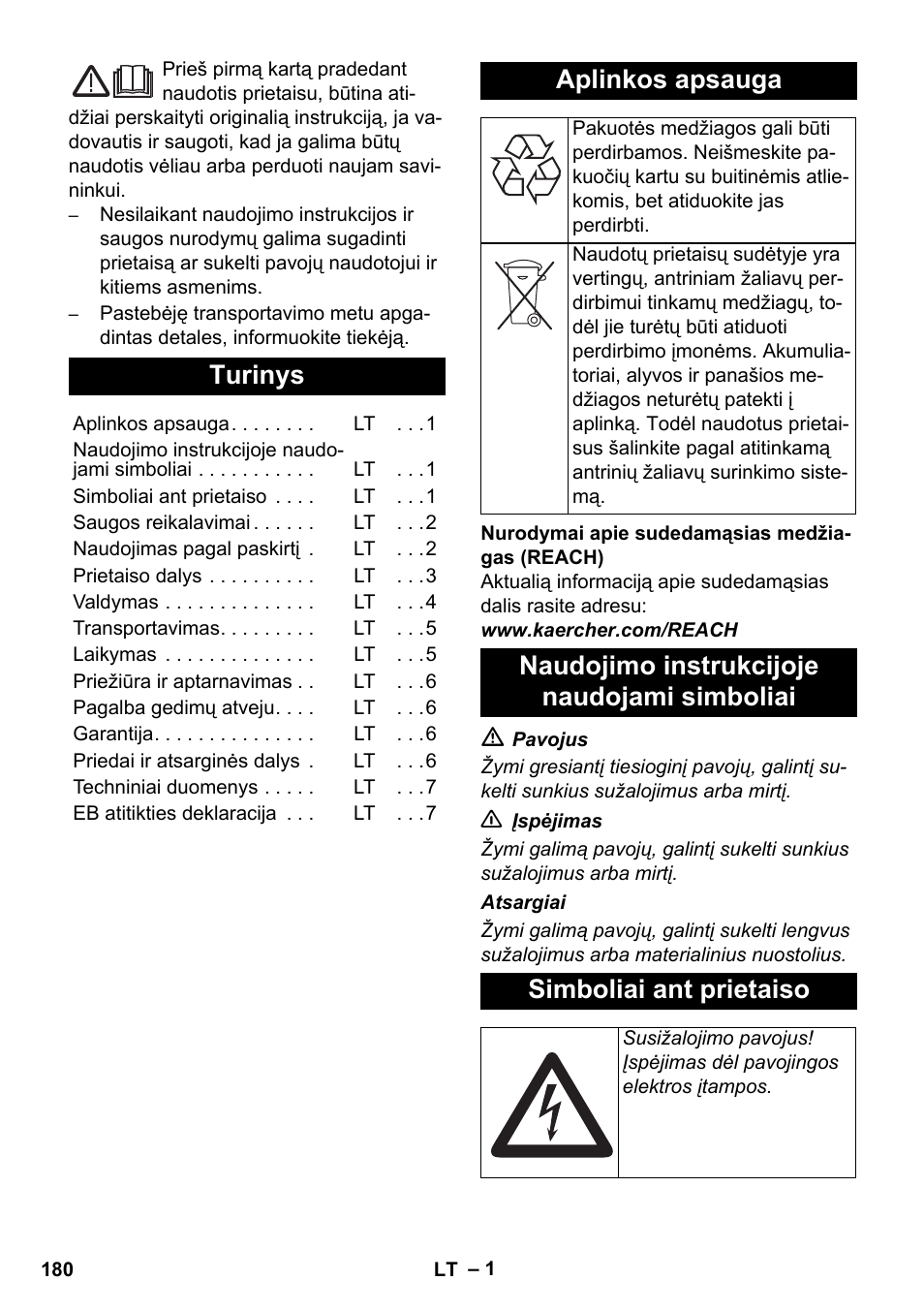 Lietuviškai, Turinys, Aplinkos apsauga | Karcher AB 20 User Manual | Page 180 / 204