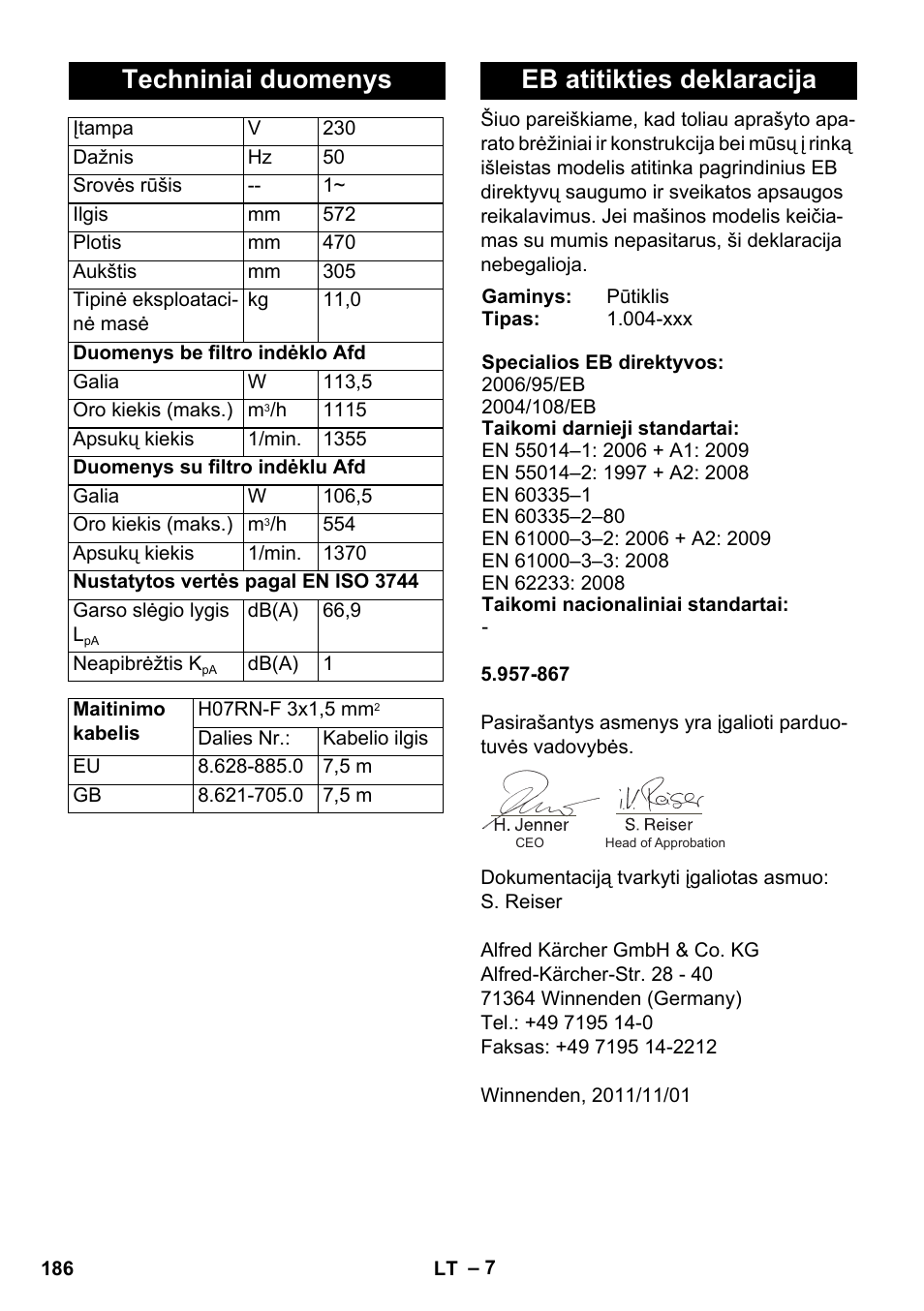 Techniniai duomenys, Eb atitikties deklaracija | Karcher AB 20 User Manual | Page 186 / 204