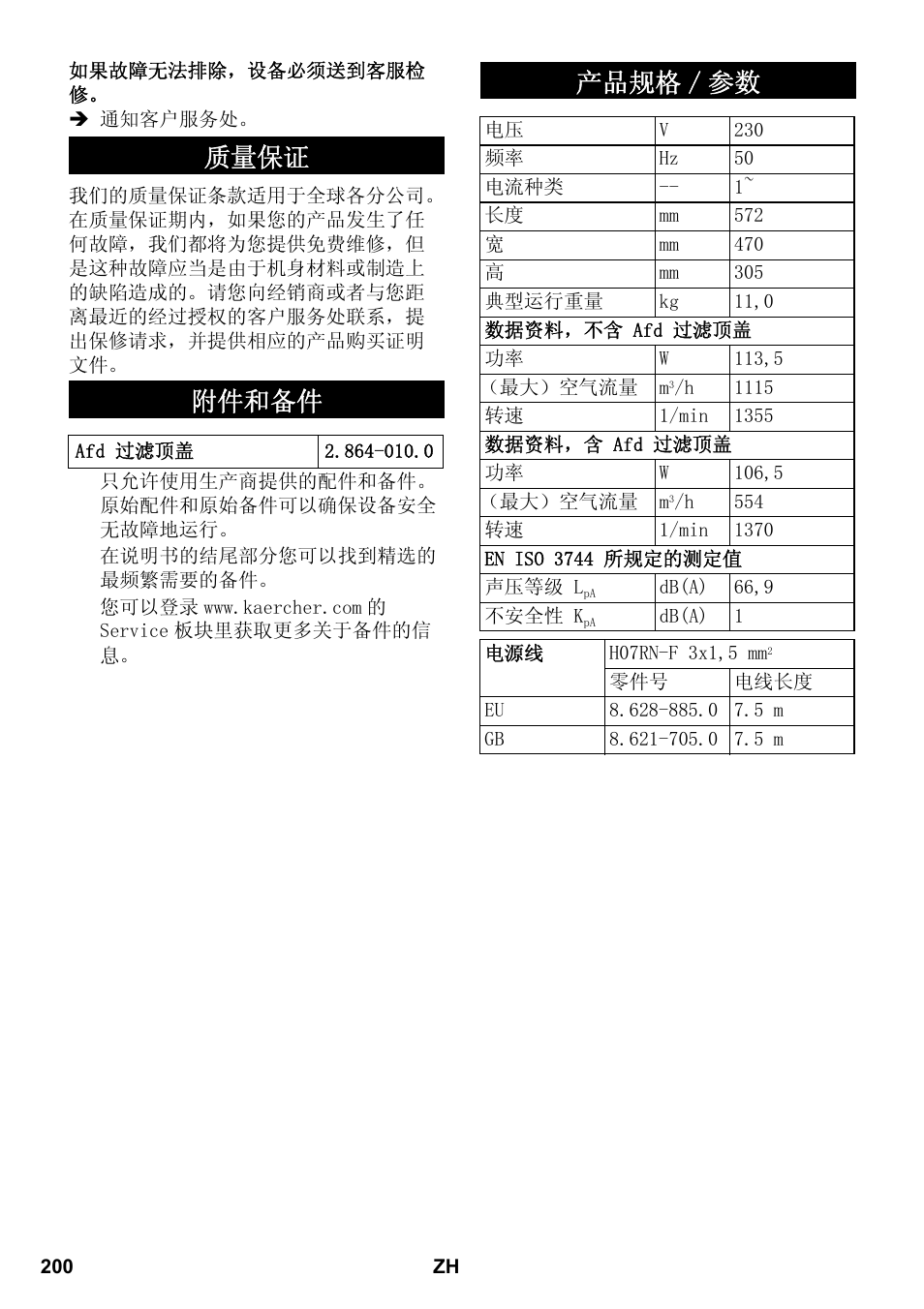 质量保证 附件和备件, 产品规格 / 参数 | Karcher AB 20 User Manual | Page 200 / 204