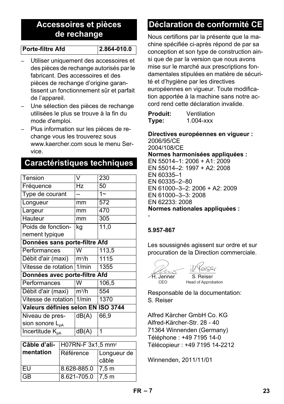 Accessoires et pièces de rechange, Caractéristiques techniques, Déclaration de conformité ce | Karcher AB 20 User Manual | Page 23 / 204