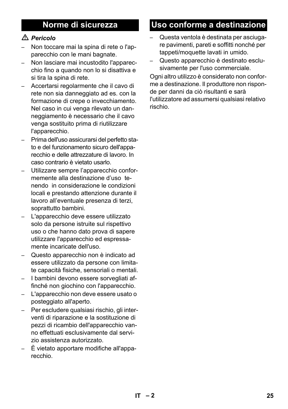 Norme di sicurezza uso conforme a destinazione | Karcher AB 20 User Manual | Page 25 / 204
