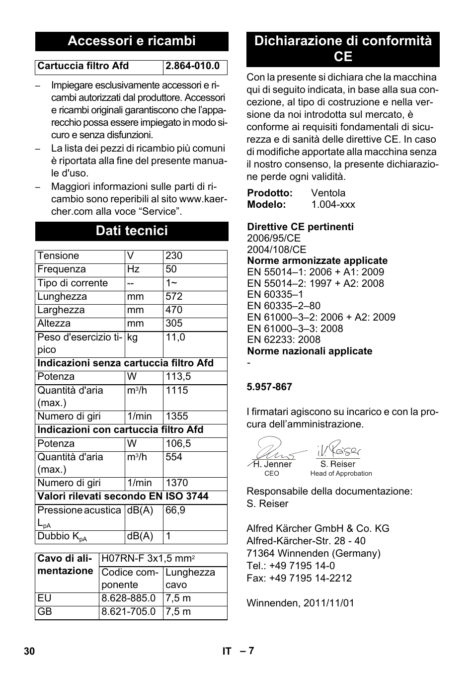 Accessori e ricambi, Dati tecnici, Dichiarazione di conformità ce | Karcher AB 20 User Manual | Page 30 / 204