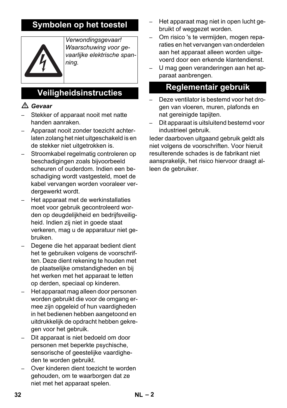 Symbolen op het toestel, Veiligheidsinstructies reglementair gebruik | Karcher AB 20 User Manual | Page 32 / 204