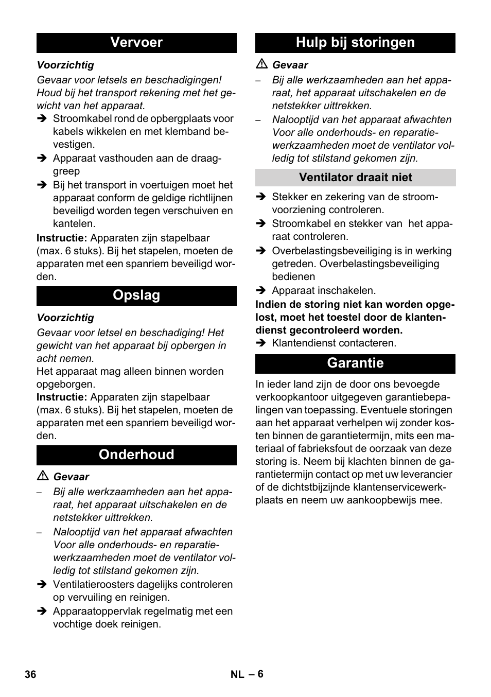 Vervoer opslag onderhoud hulp bij storingen, Garantie | Karcher AB 20 User Manual | Page 36 / 204