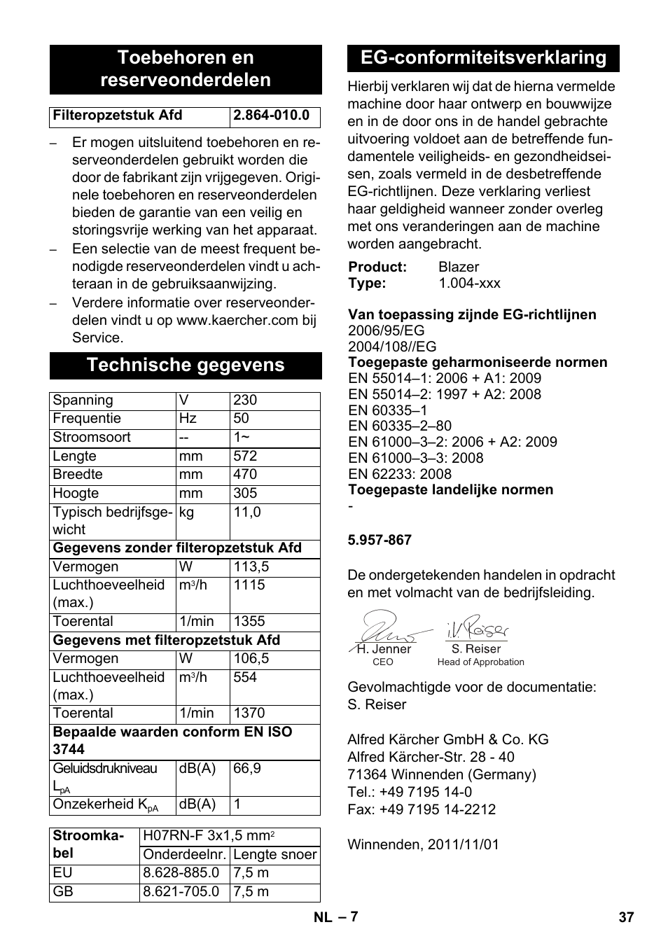 Toebehoren en reserveonderdelen, Technische gegevens, Eg-conformiteitsverklaring | Karcher AB 20 User Manual | Page 37 / 204