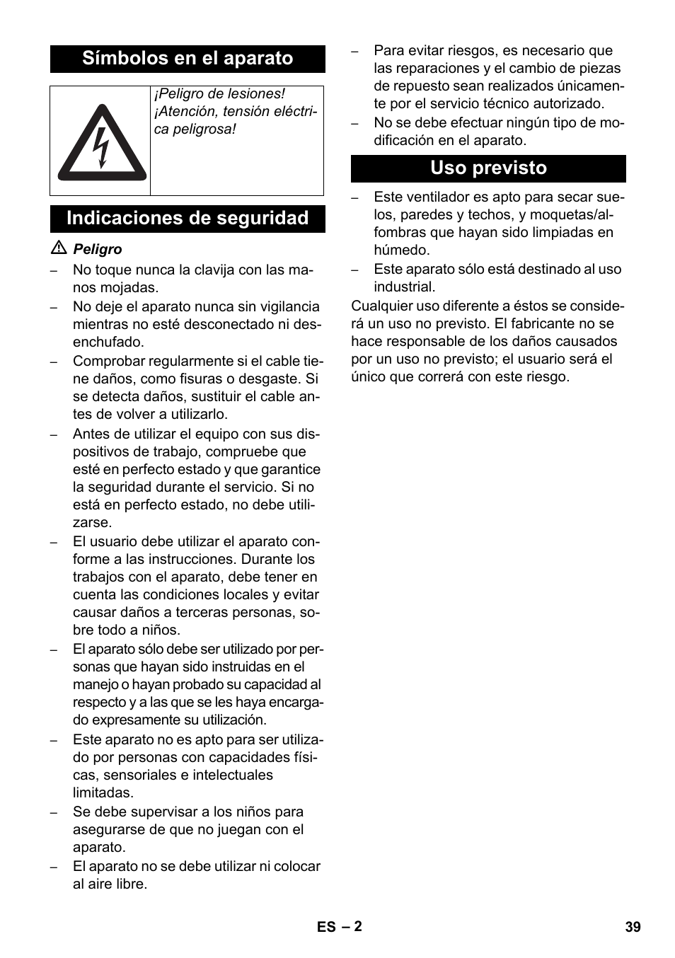 Símbolos en el aparato, Indicaciones de seguridad uso previsto | Karcher AB 20 User Manual | Page 39 / 204