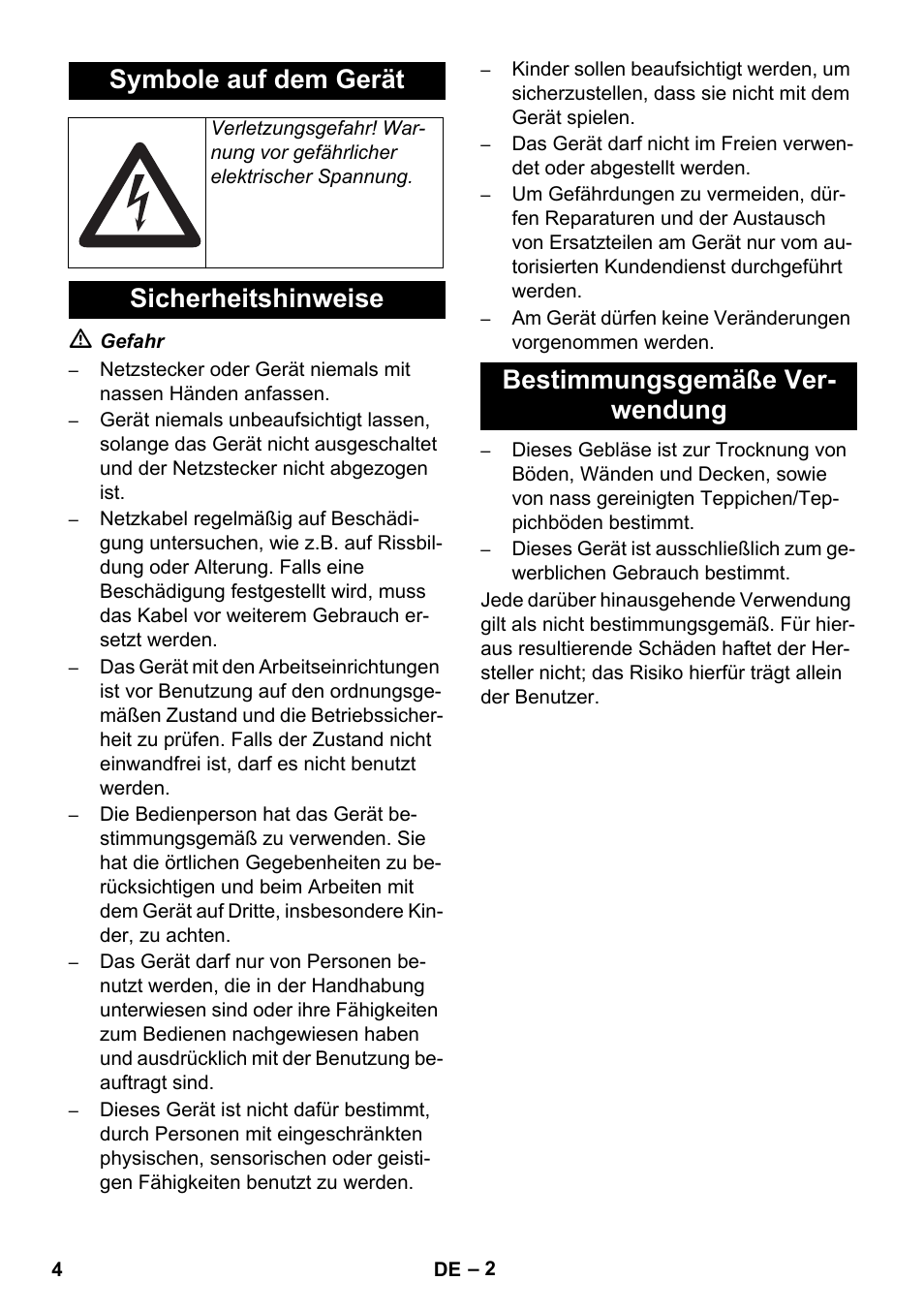 Symbole auf dem gerät, Sicherheitshinweise bestimmungsgemäße ver- wendung | Karcher AB 20 User Manual | Page 4 / 204