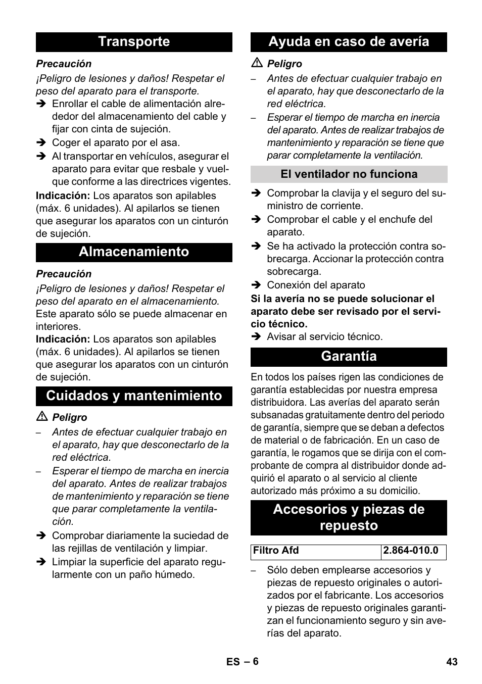 Garantía accesorios y piezas de repuesto | Karcher AB 20 User Manual | Page 43 / 204