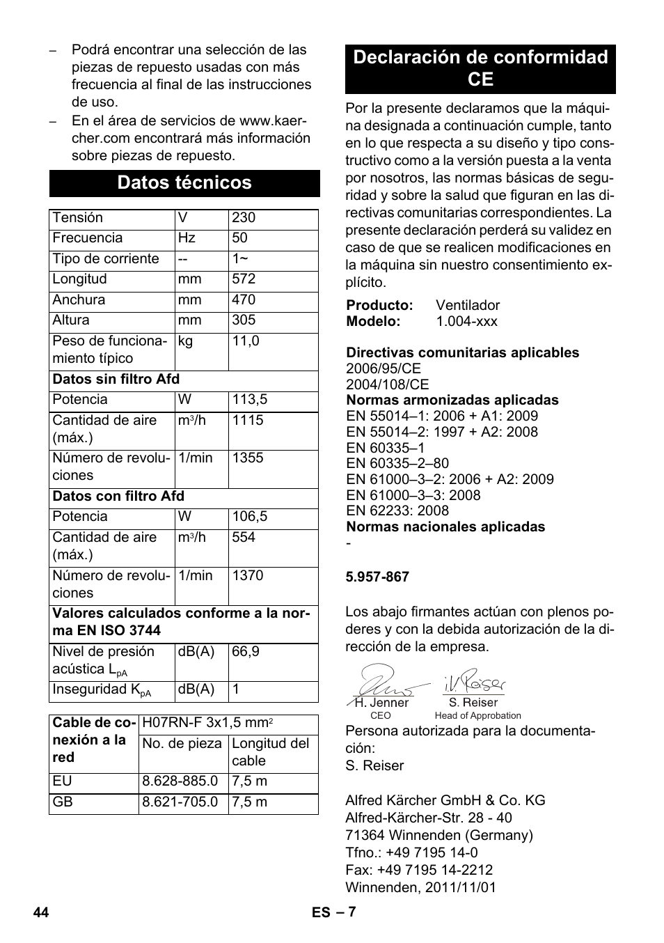 Datos técnicos, Declaración de conformidad ce | Karcher AB 20 User Manual | Page 44 / 204