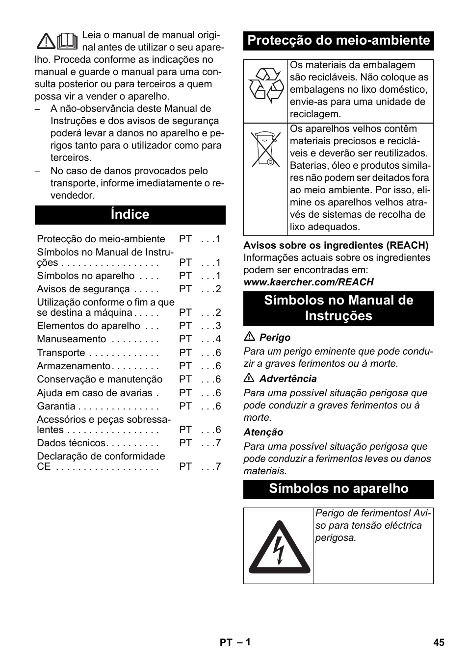 Português, Índice, Protecção do meio-ambiente | Karcher AB 20 User Manual | Page 45 / 204