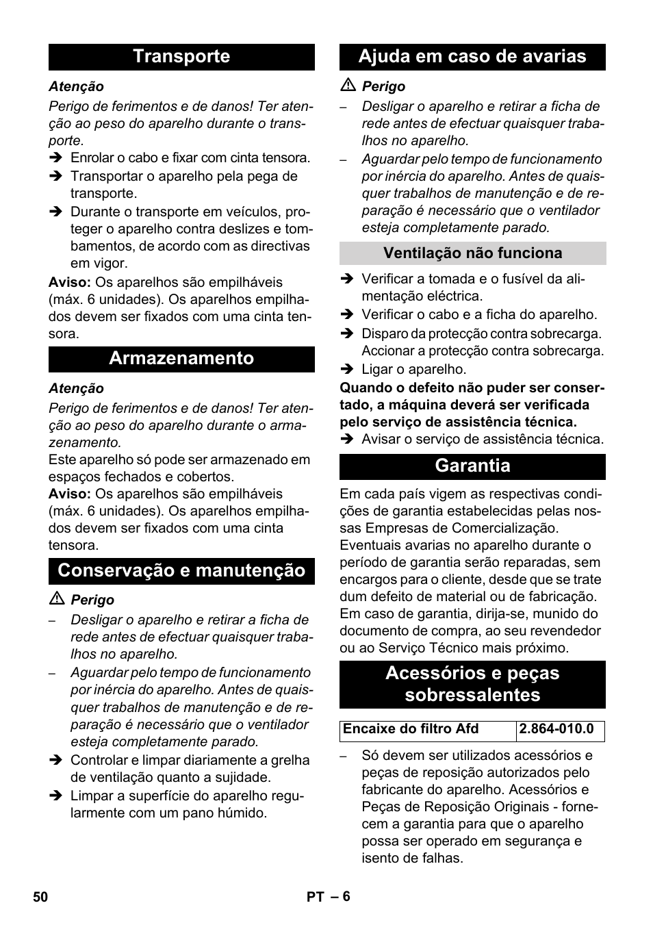 Garantia acessórios e peças sobressalentes | Karcher AB 20 User Manual | Page 50 / 204