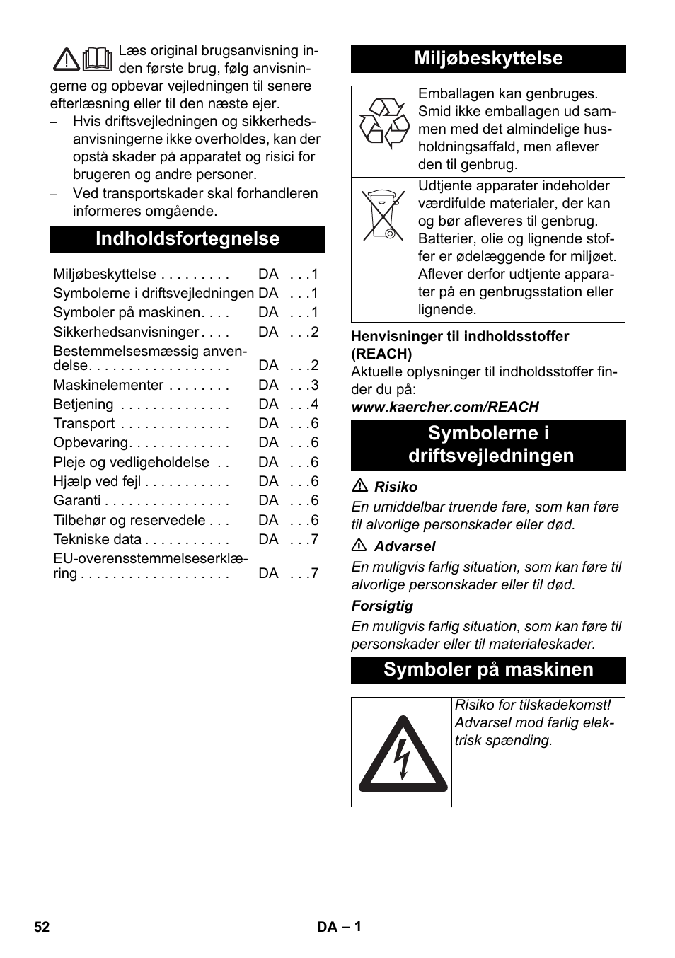 Dansk, Indholdsfortegnelse, Miljøbeskyttelse | Karcher AB 20 User Manual | Page 52 / 204