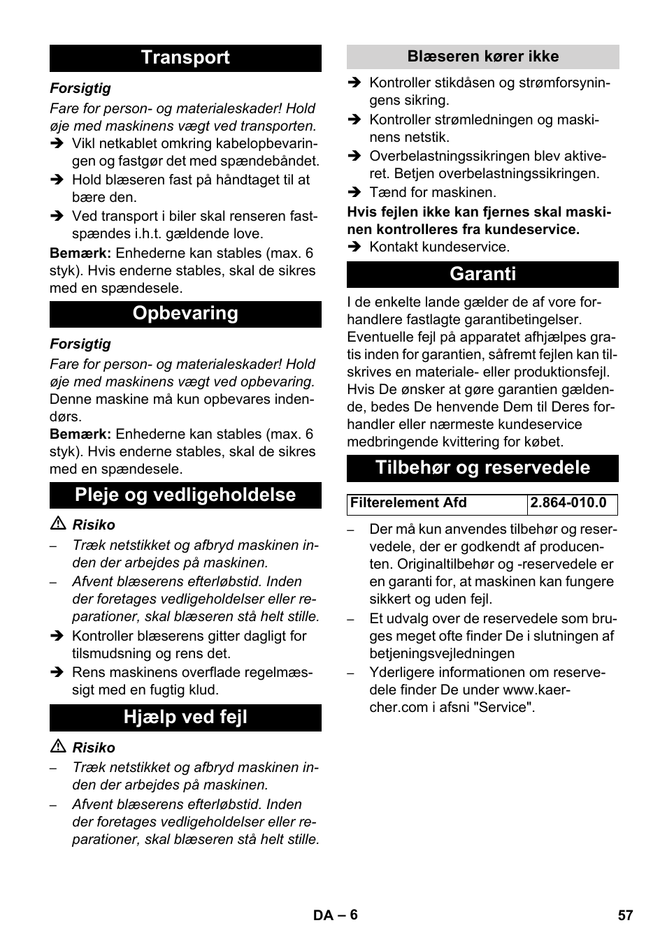 Garanti tilbehør og reservedele | Karcher AB 20 User Manual | Page 57 / 204