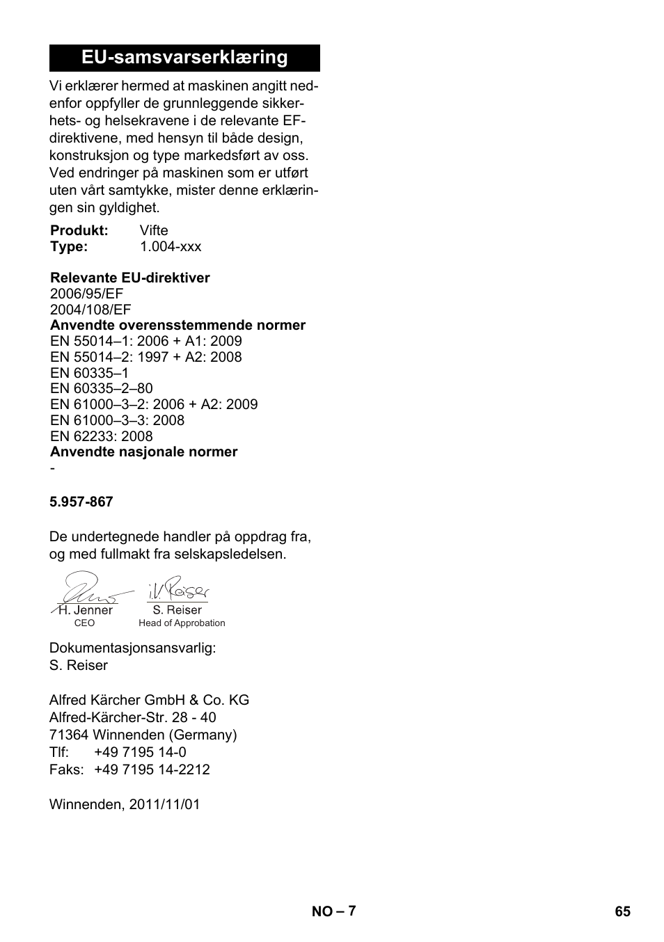 Eu-samsvarserklæring | Karcher AB 20 User Manual | Page 65 / 204