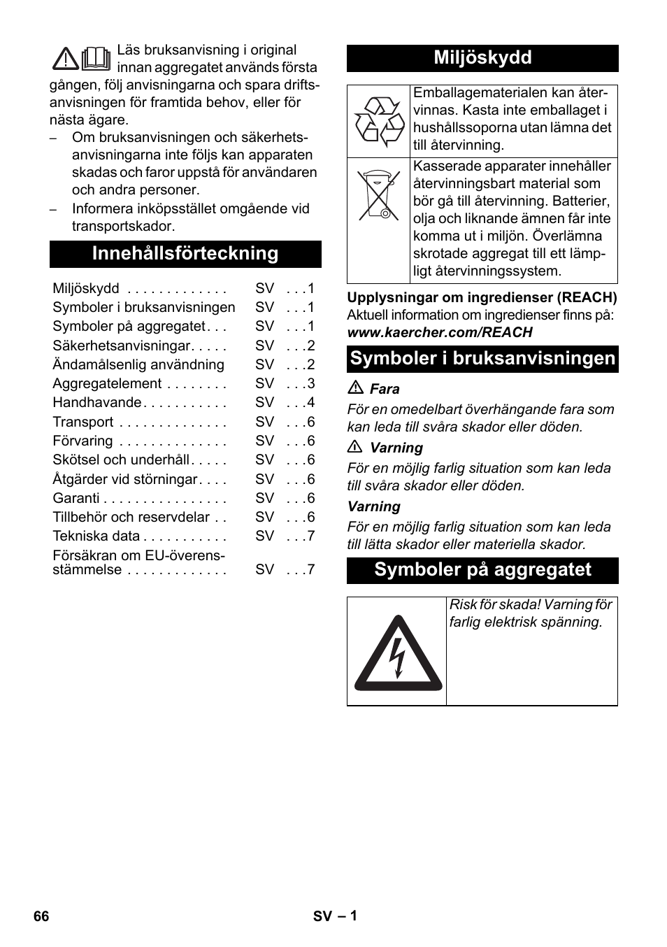 Svenska, Innehållsförteckning, Miljöskydd | Symboler i bruksanvisningen symboler på aggregatet | Karcher AB 20 User Manual | Page 66 / 204