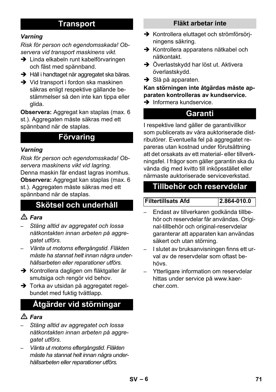 Garanti tillbehör och reservdelar | Karcher AB 20 User Manual | Page 71 / 204