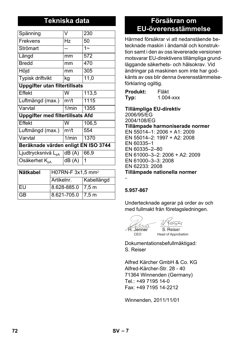 Tekniska data, Försäkran om eu-överensstämmelse | Karcher AB 20 User Manual | Page 72 / 204