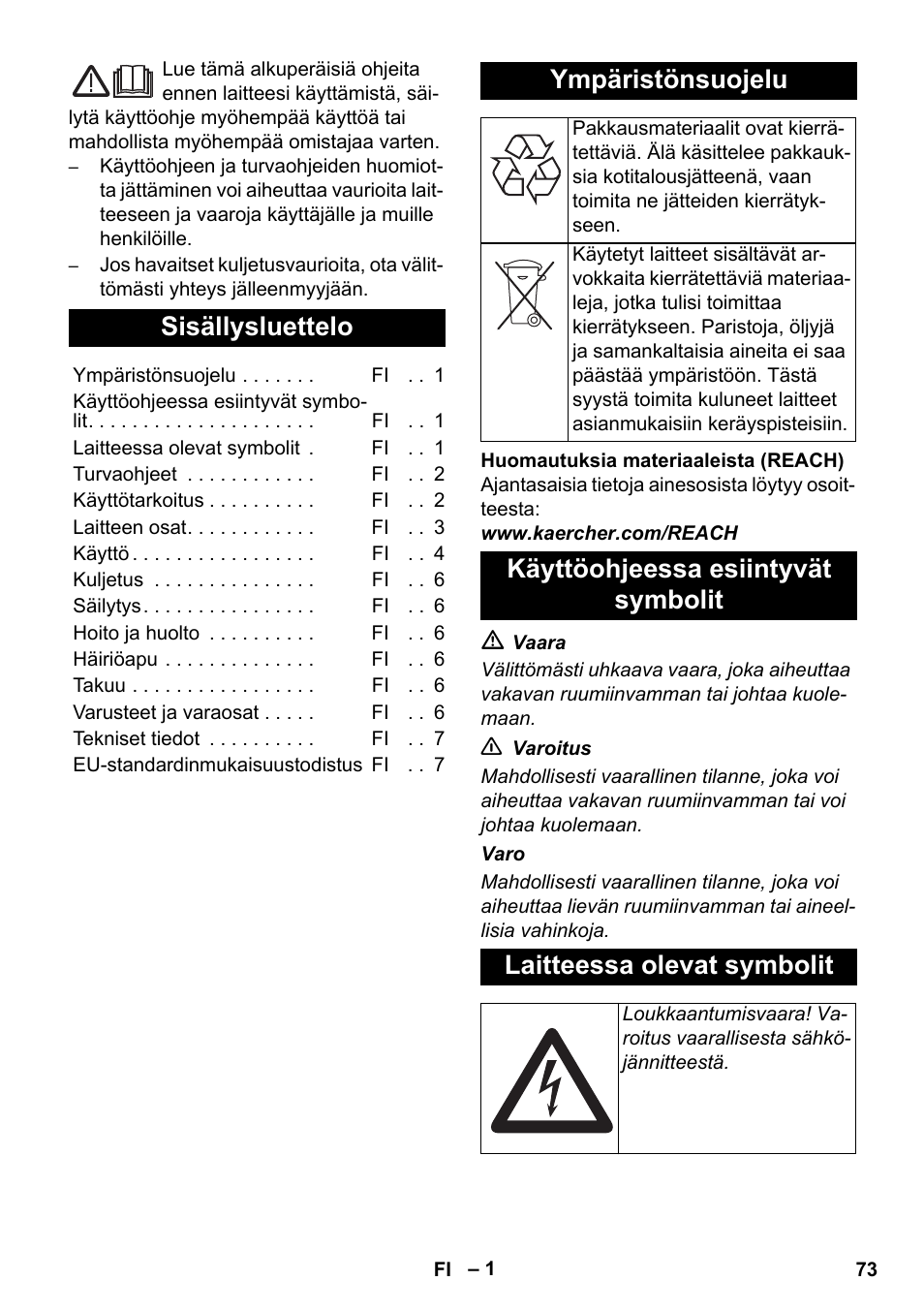 Suomi, Sisällysluettelo, Ympäristönsuojelu | Karcher AB 20 User Manual | Page 73 / 204