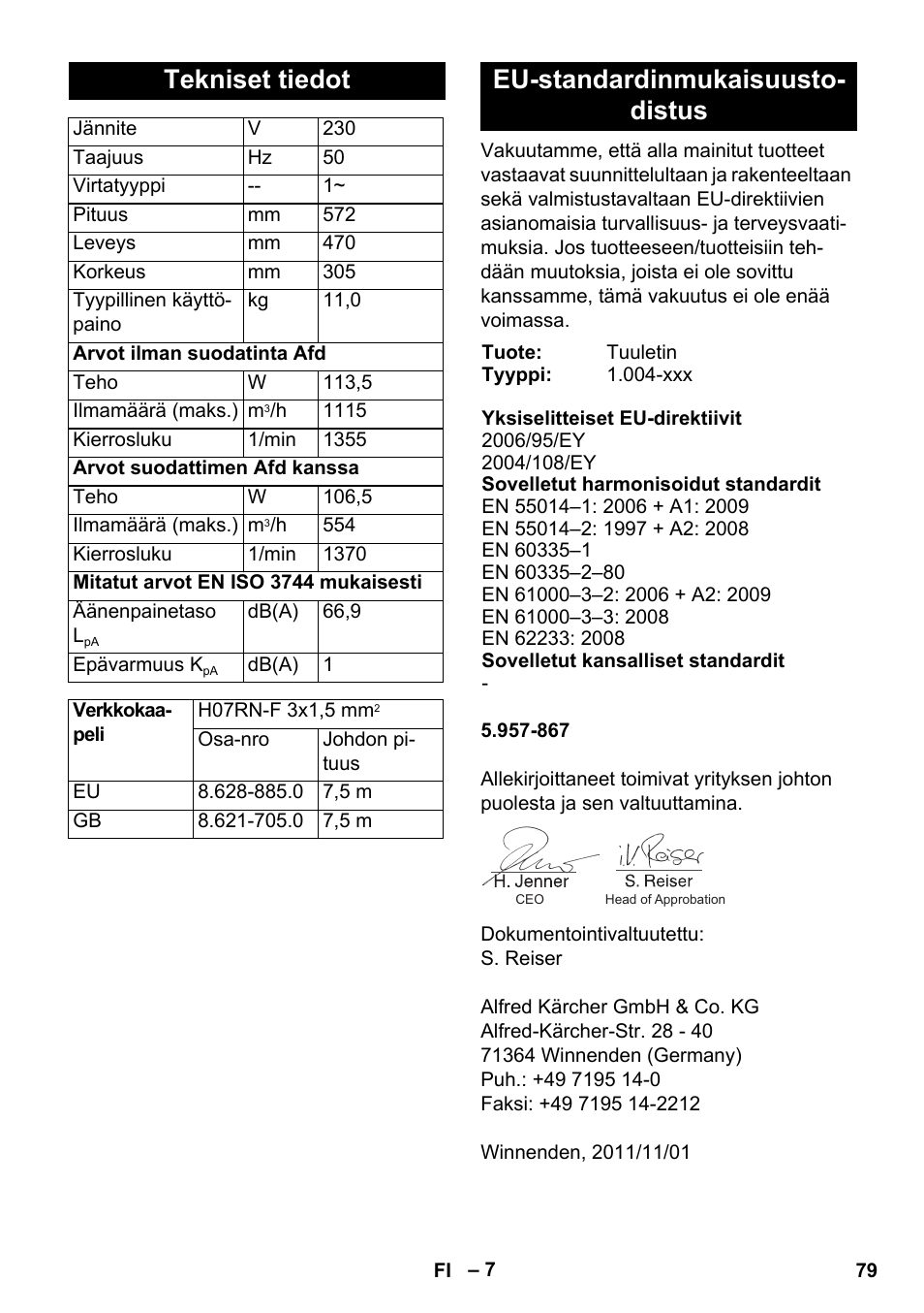 Tekniset tiedot, Eu-standardinmukaisuusto- distus | Karcher AB 20 User Manual | Page 79 / 204