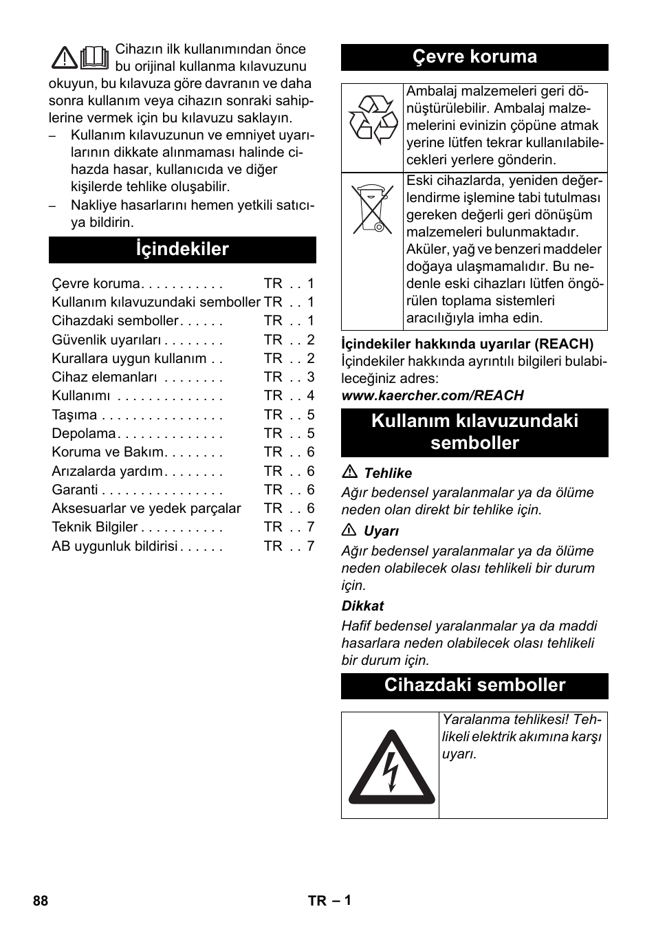 Türkçe, Içindekiler, Çevre koruma | Karcher AB 20 User Manual | Page 88 / 204