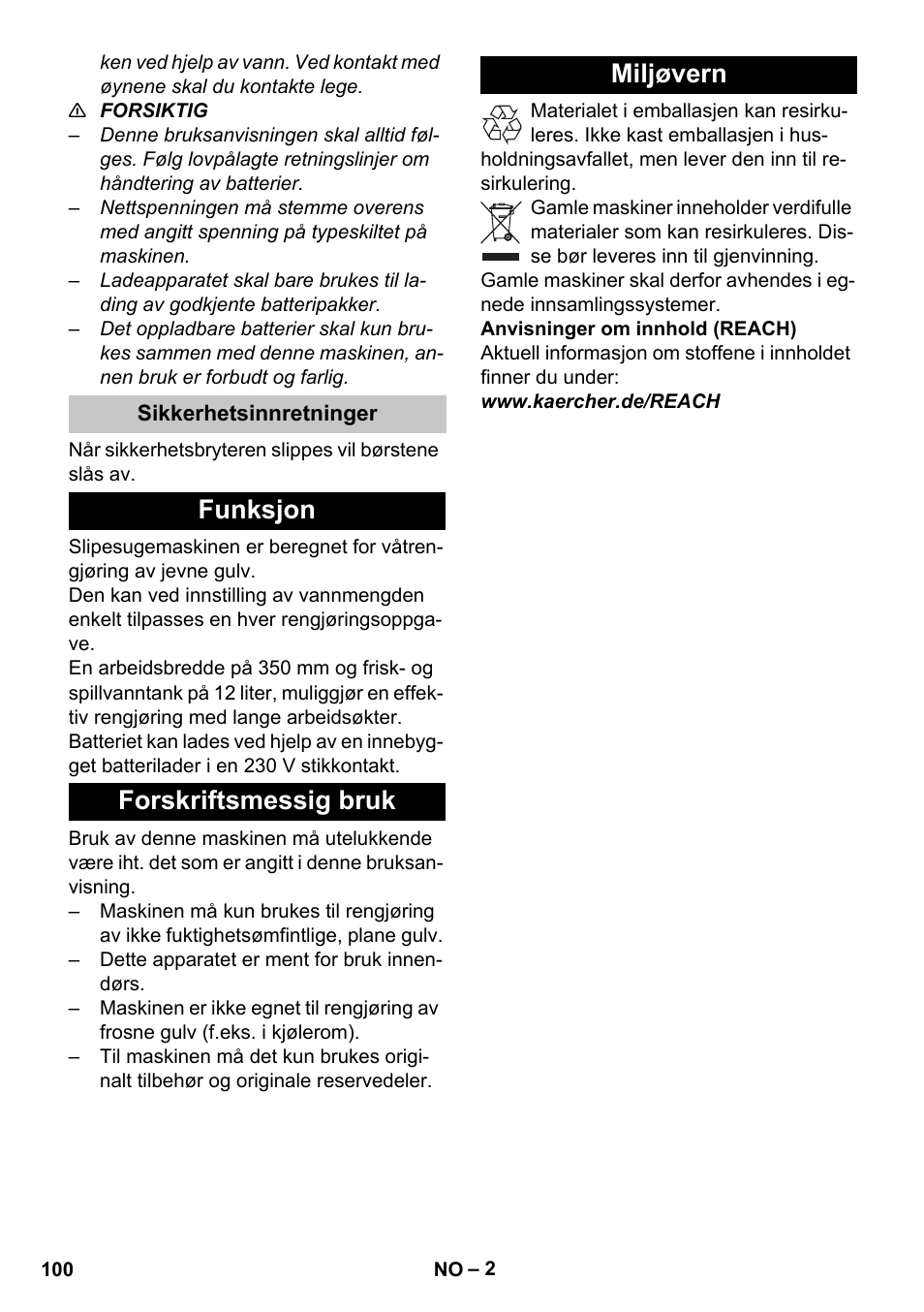 Sikkerhetsinnretninger, Funksjon, Forskriftsmessig bruk | Miljøvern, Funksjon forskriftsmessig bruk miljøvern | Karcher BR 35-12 Bp Pack User Manual | Page 100 / 340