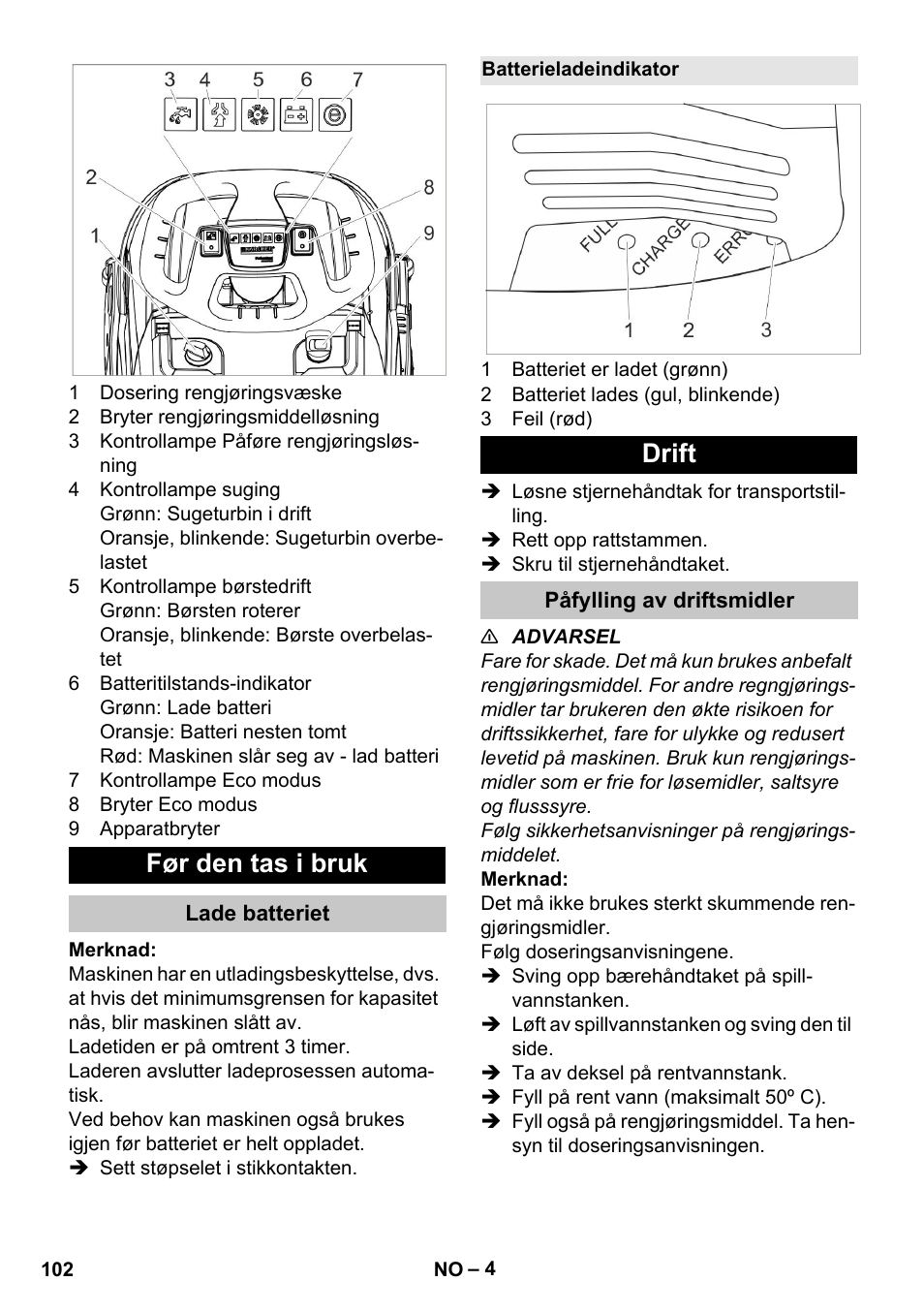 Før den tas i bruk, Lade batteriet, Batterieladeindikator | Drift, Påfylling av driftsmidler | Karcher BR 35-12 Bp Pack User Manual | Page 102 / 340