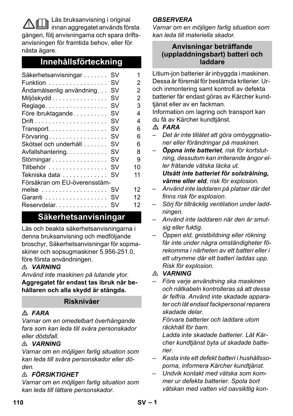 Svenska, Innehållsförteckning, Säkerhetsanvisningar | Risknivåer | Karcher BR 35-12 Bp Pack User Manual | Page 110 / 340