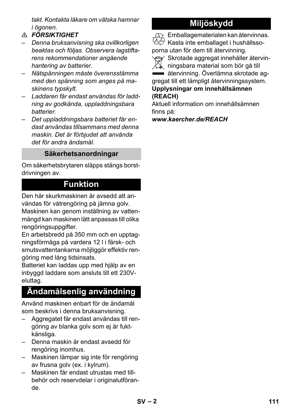 Säkerhetsanordningar, Funktion, Ändamålsenlig användning | Miljöskydd, Funktion ändamålsenlig användning miljöskydd | Karcher BR 35-12 Bp Pack User Manual | Page 111 / 340