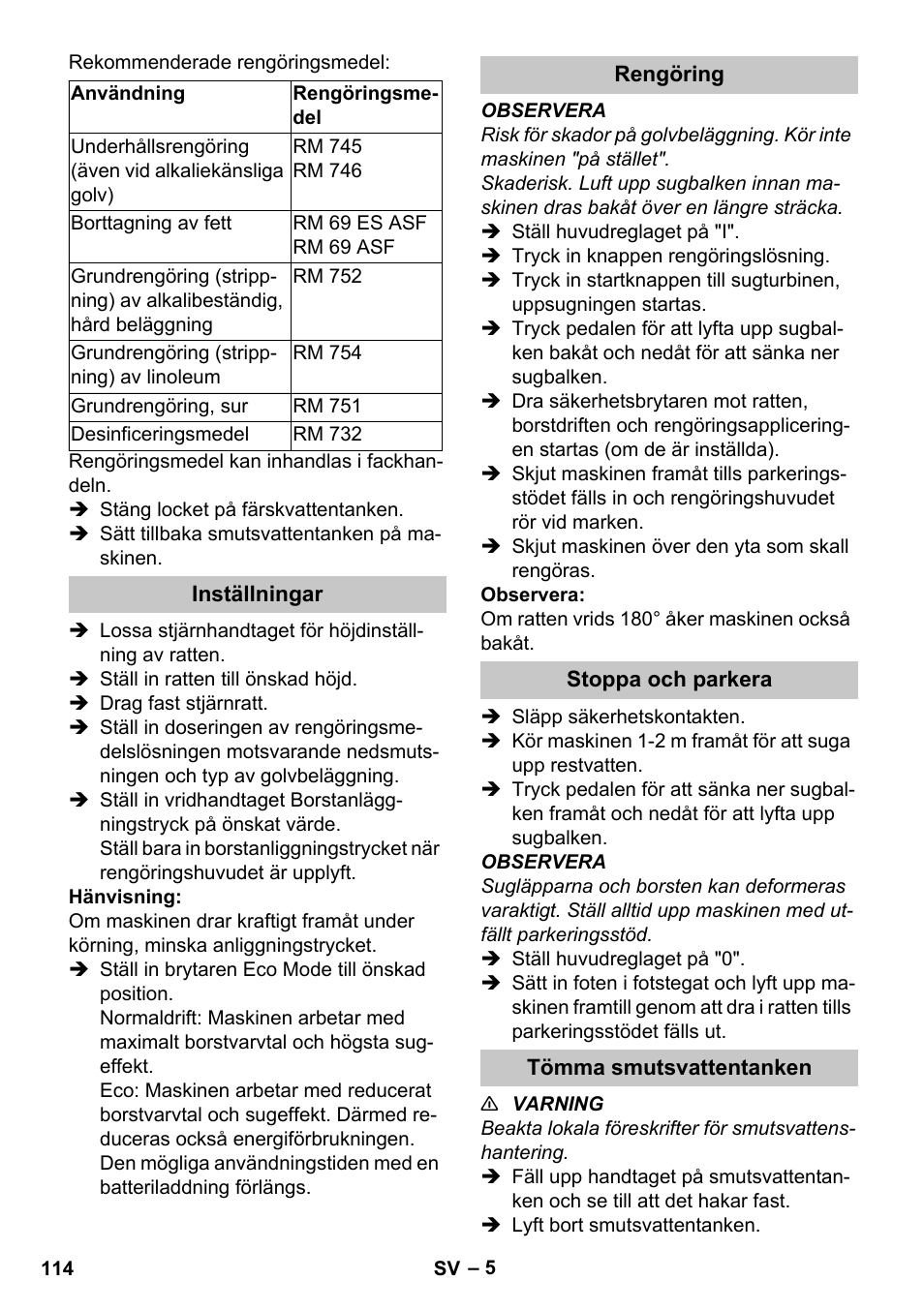 Inställningar, Rengöring, Stoppa och parkera | Tömma smutsvattentanken | Karcher BR 35-12 Bp Pack User Manual | Page 114 / 340