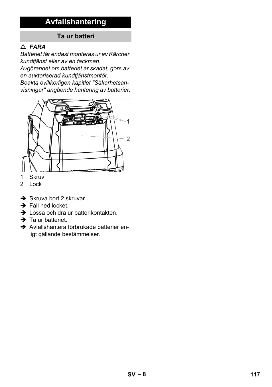 Avfallshantering, Ta ur batteri | Karcher BR 35-12 Bp Pack User Manual | Page 117 / 340