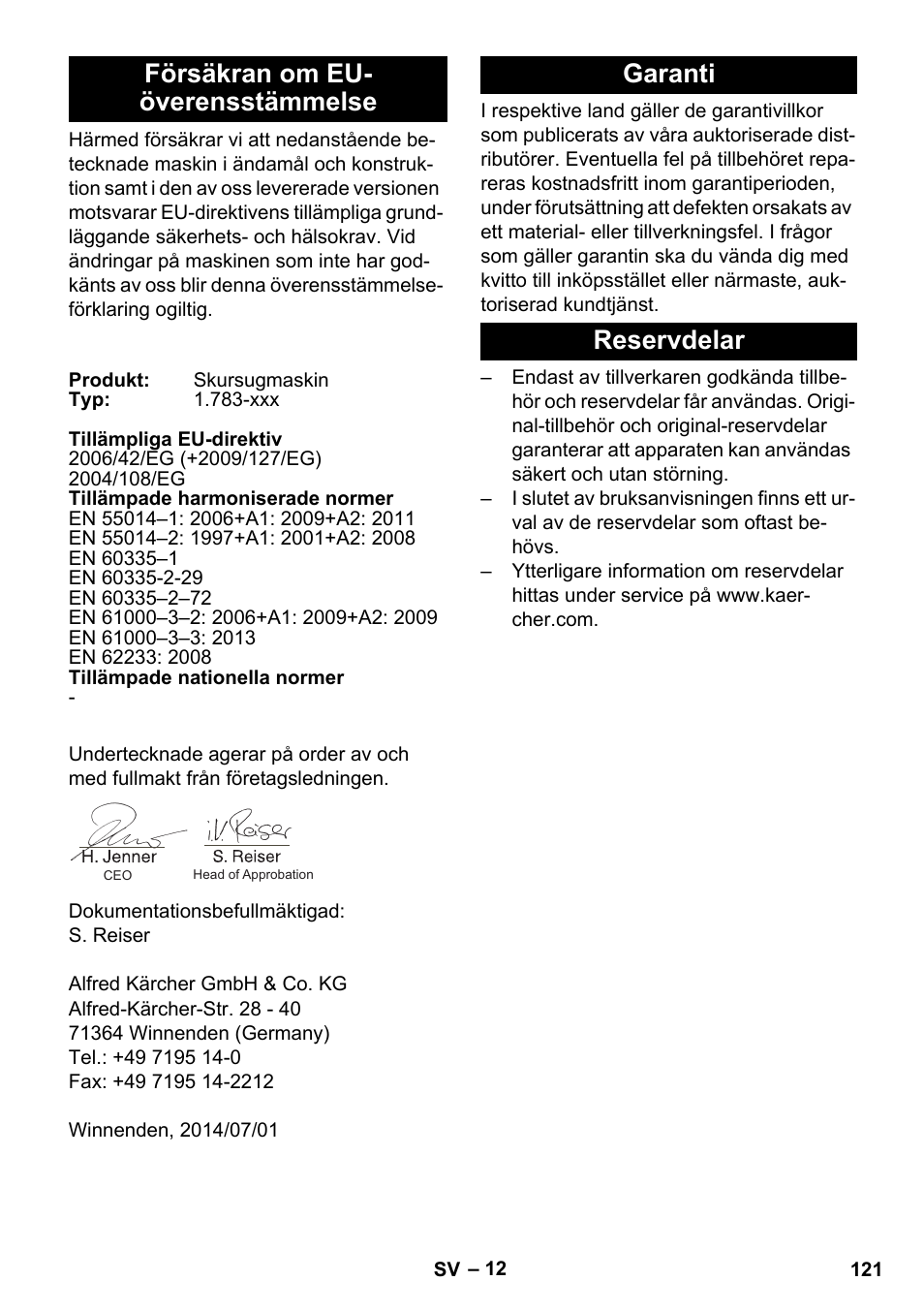 Försäkran om eu- överensstämmelse, Garanti, Reservdelar | Garanti reservdelar | Karcher BR 35-12 Bp Pack User Manual | Page 121 / 340