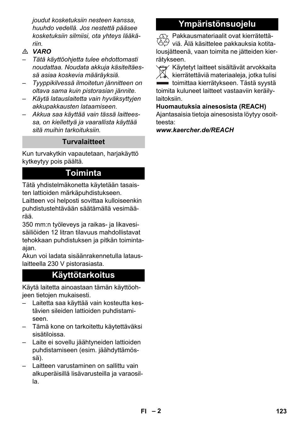 Turvalaitteet, Toiminta, Käyttötarkoitus | Ympäristönsuojelu, Toiminta käyttötarkoitus ympäristönsuojelu | Karcher BR 35-12 Bp Pack User Manual | Page 123 / 340