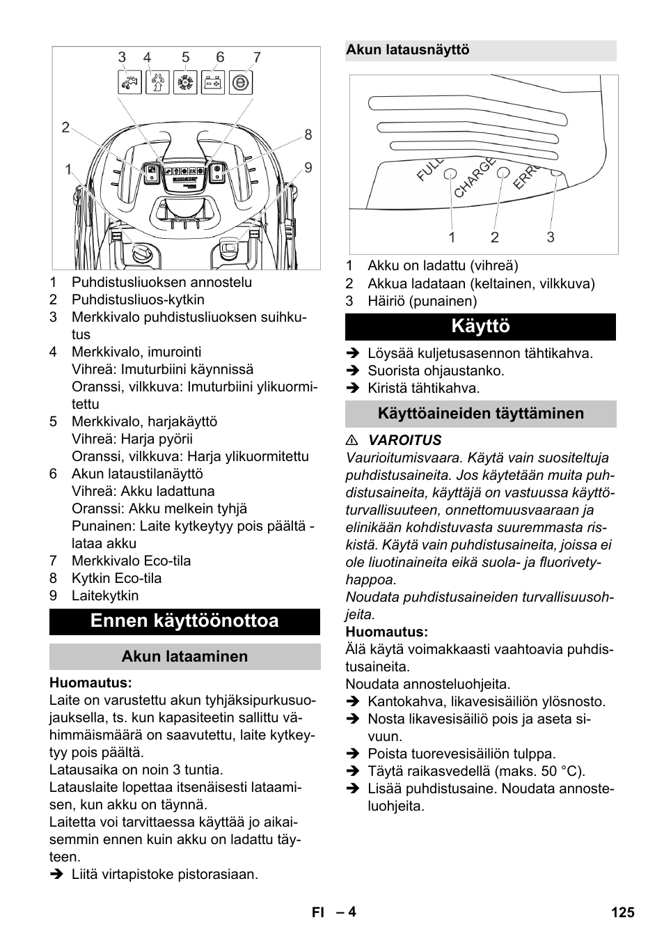 Ennen käyttöönottoa, Akun lataaminen, Akun latausnäyttö | Käyttö, Käyttöaineiden täyttäminen | Karcher BR 35-12 Bp Pack User Manual | Page 125 / 340