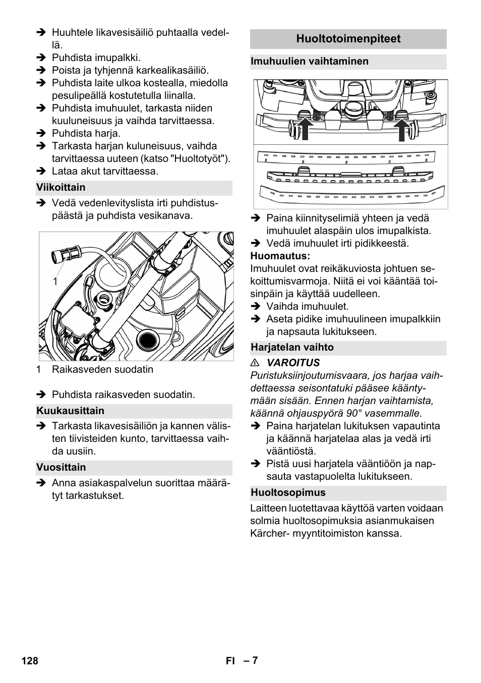 Viikoittain, Kuukausittain, Vuosittain | Huoltotoimenpiteet, Imuhuulien vaihtaminen, Harjatelan vaihto, Huoltosopimus | Karcher BR 35-12 Bp Pack User Manual | Page 128 / 340