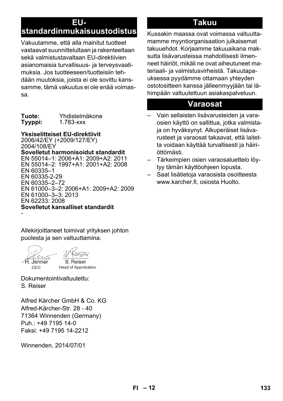 Eu- standardinmukaisuustodistus, Takuu, Varaosat | Takuu varaosat | Karcher BR 35-12 Bp Pack User Manual | Page 133 / 340