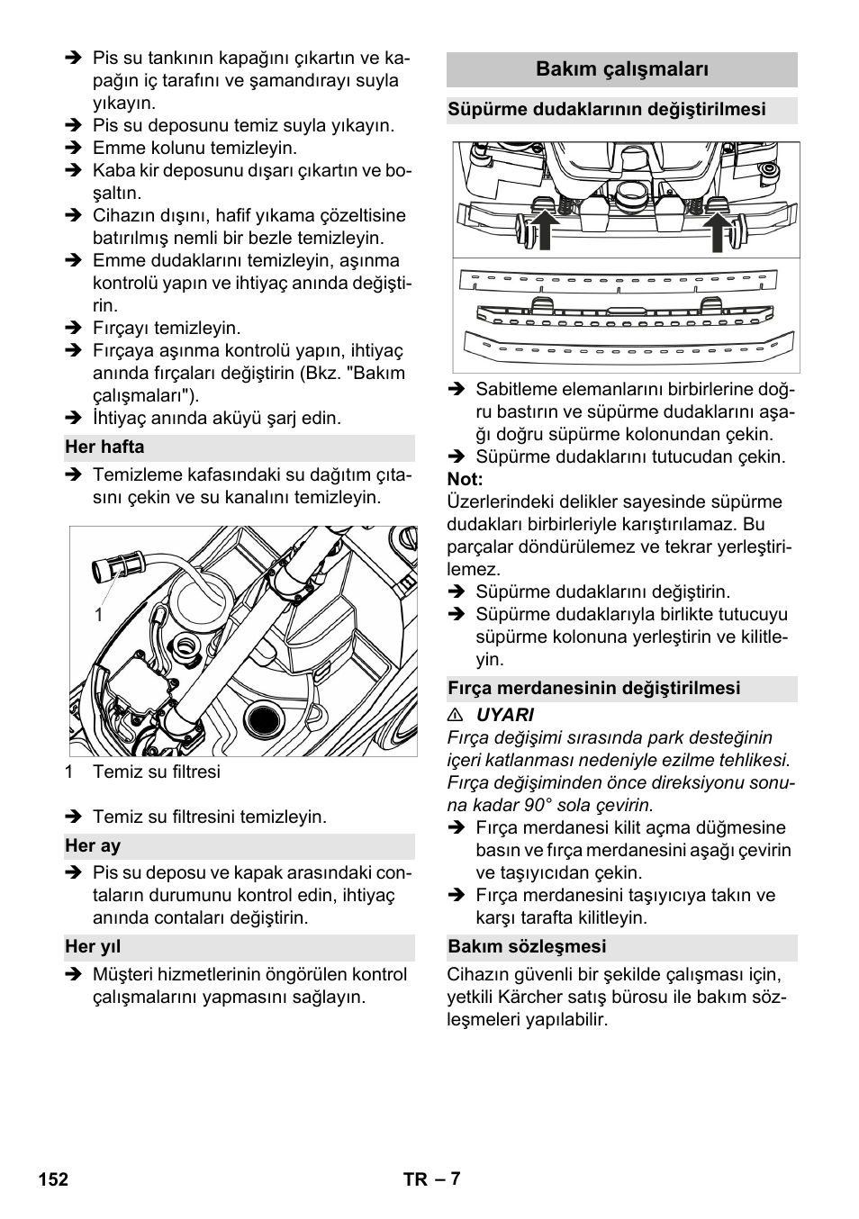 Her hafta, Her ay, Her yıl | Bakım çalışmaları, Süpürme dudaklarının değiştirilmesi, Fırça merdanesinin değiştirilmesi, Bakım sözleşmesi | Karcher BR 35-12 Bp Pack User Manual | Page 152 / 340