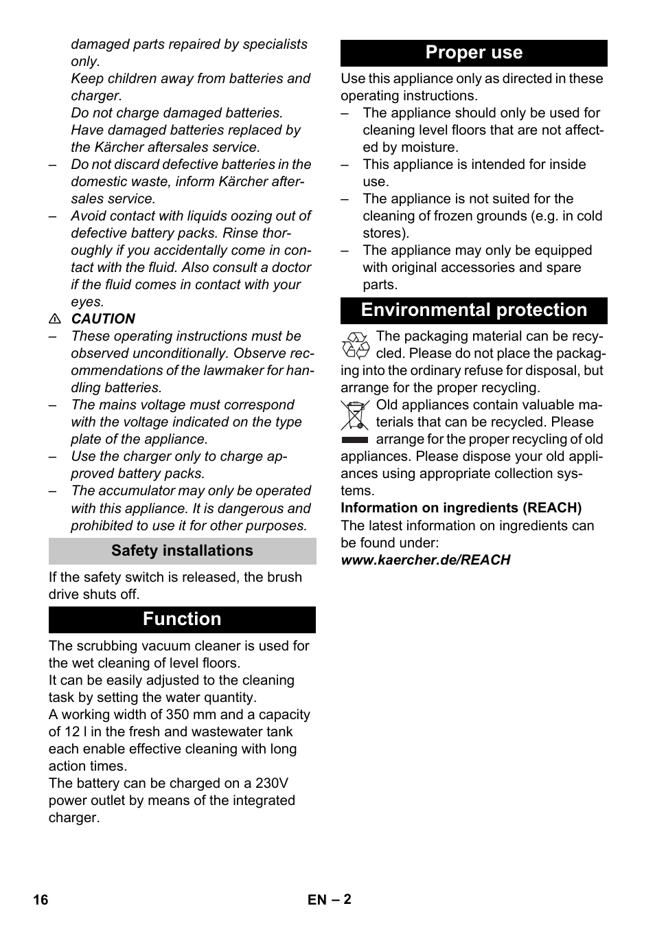 Safety installations, Function, Proper use | Environmental protection, Function proper use environmental protection | Karcher BR 35-12 Bp Pack User Manual | Page 16 / 340