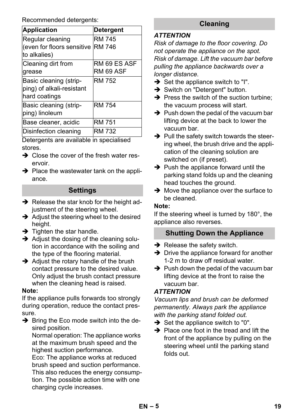 Settings, Cleaning, Shutting down the appliance | Karcher BR 35-12 Bp Pack User Manual | Page 19 / 340