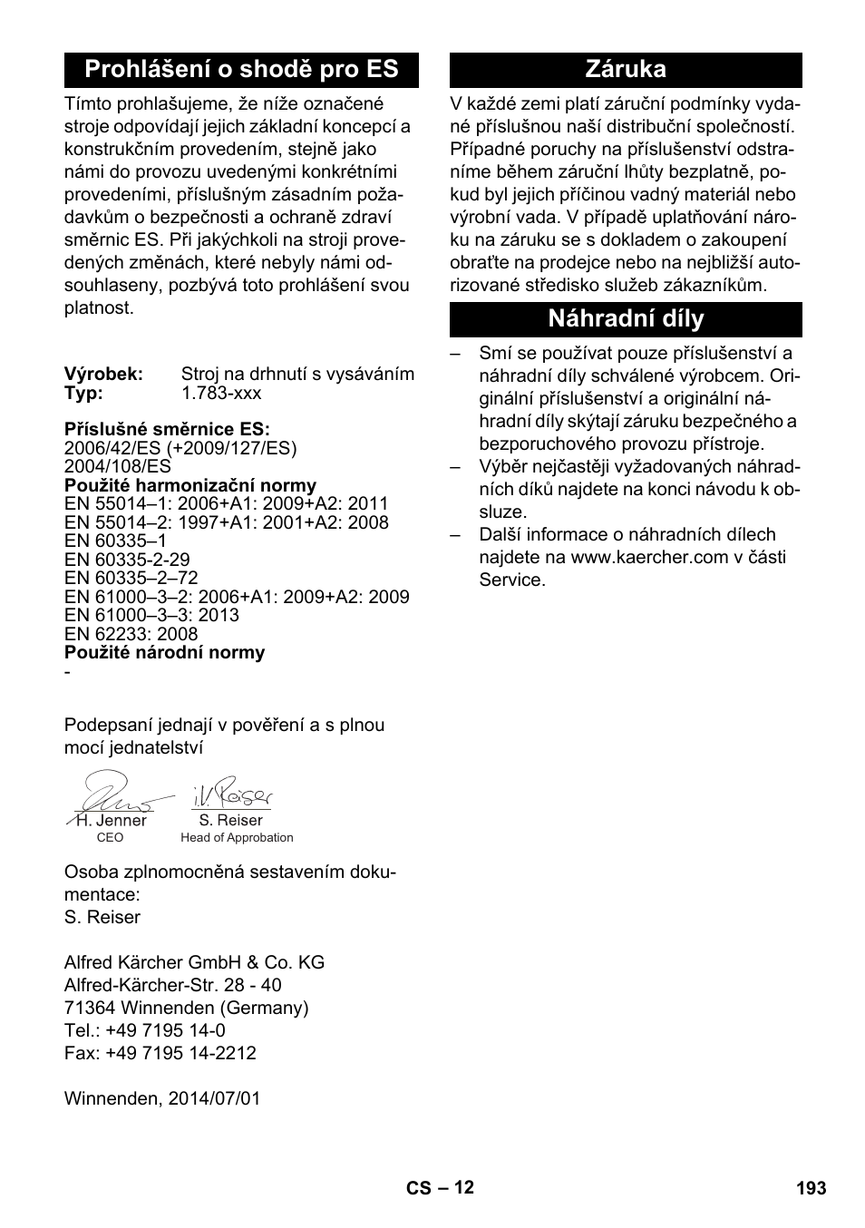 Prohlášení o shodě pro es, Záruka, Náhradní díly | Záruka náhradní díly | Karcher BR 35-12 Bp Pack User Manual | Page 193 / 340