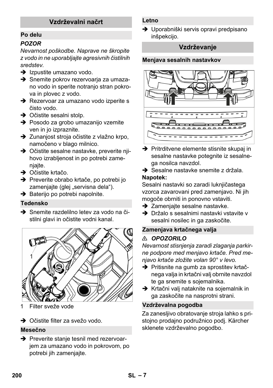 Vzdrževalni načrt, Po delu, Tedensko | Mesečno, Letno, Vzdrževanje, Menjava sesalnih nastavkov, Zamenjava krtačnega valja, Vzdrževalna pogodba | Karcher BR 35-12 Bp Pack User Manual | Page 200 / 340