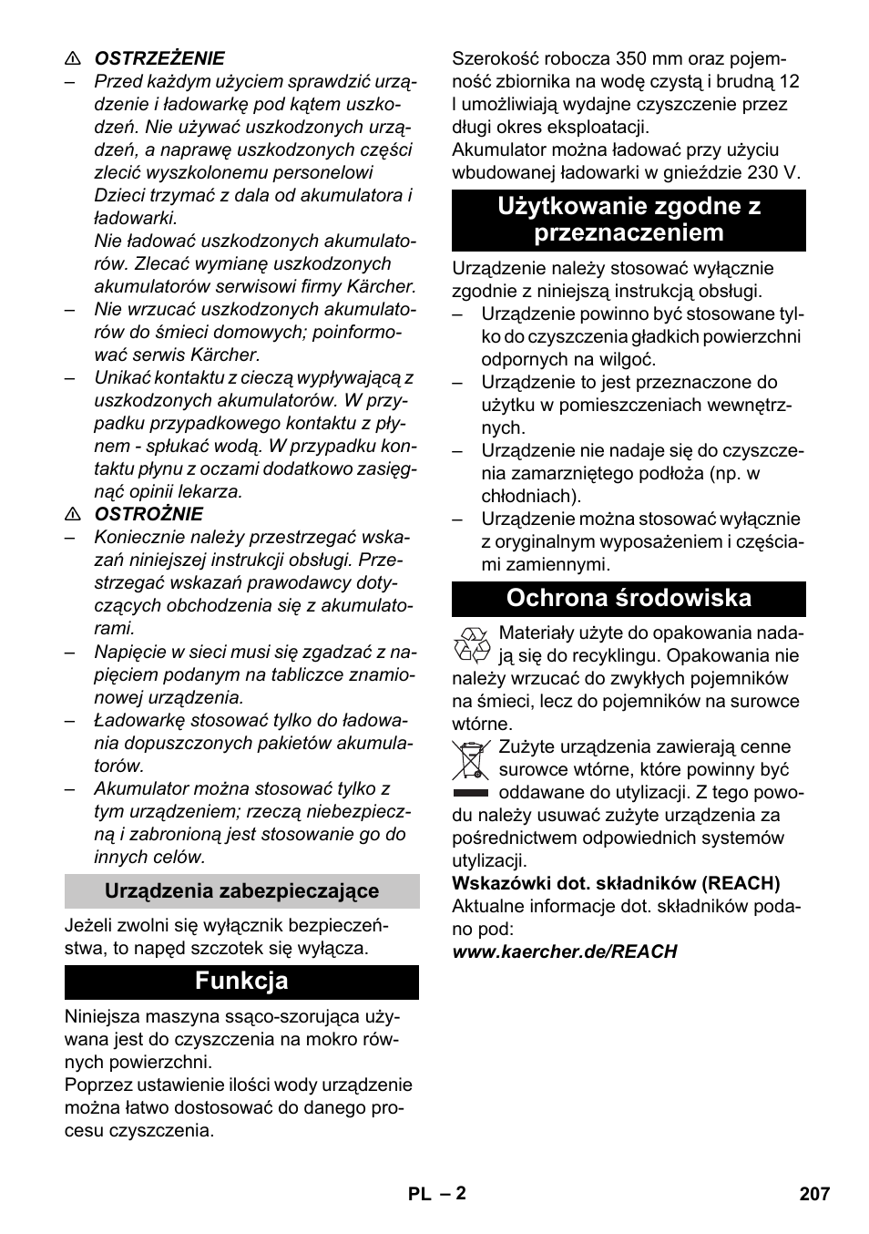 Urządzenia zabezpieczające, Funkcja, Użytkowanie zgodne z przeznaczeniem | Ochrona środowiska | Karcher BR 35-12 Bp Pack User Manual | Page 207 / 340